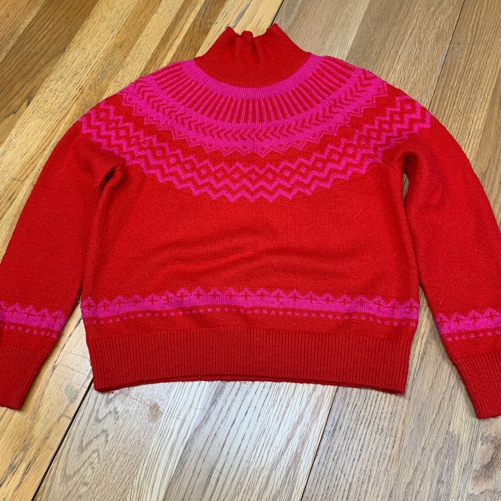 Ann Taylor Womens Red Pink Fair Isle Mock Neck Wool Blend Sweater XS CA57421